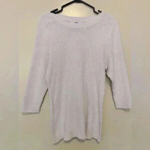 Alia off-white sweater w crazy quilt pattern in cotton/acrylic  w 3/4 sleeves